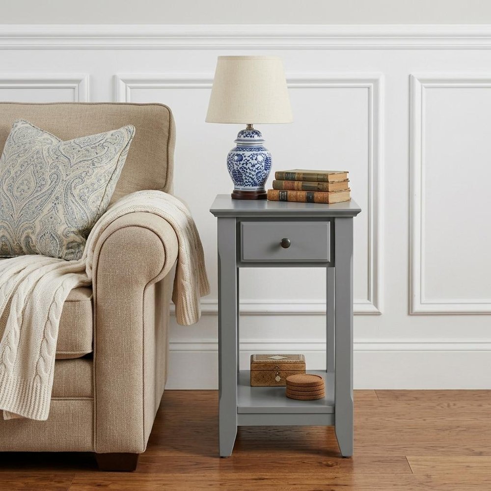 23" Gray Wood End Table With Drawer And Shelf