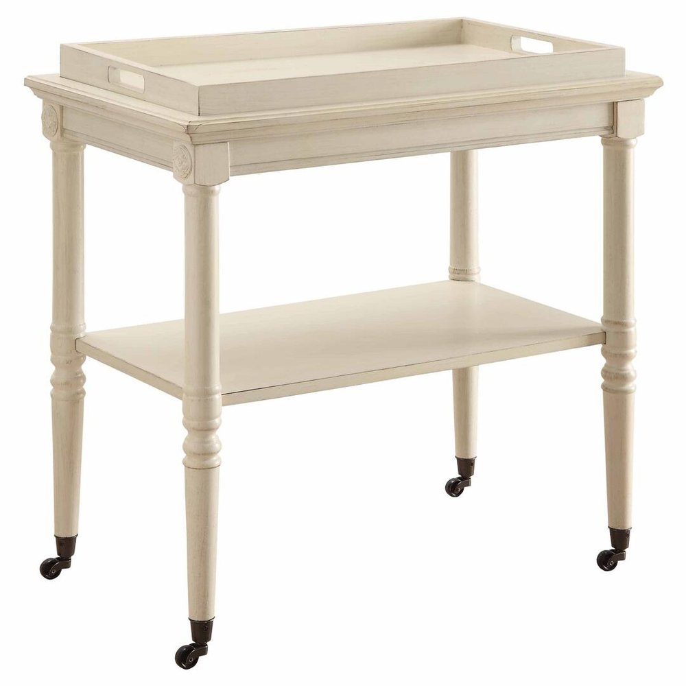 30" Antiqued White Wood Rolling Bar Cart HomeRoots