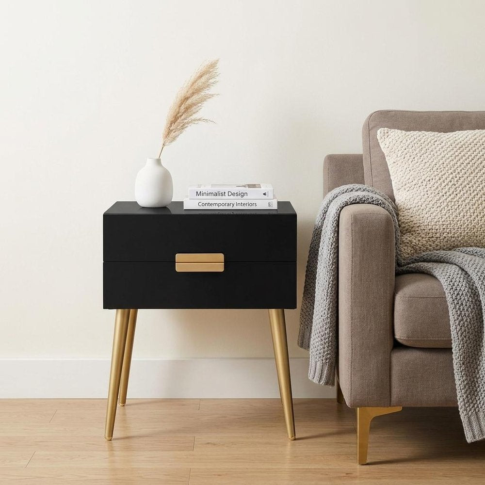 24" Black And Gold Wood And Iron End Table With Two Drawers HomeRoots