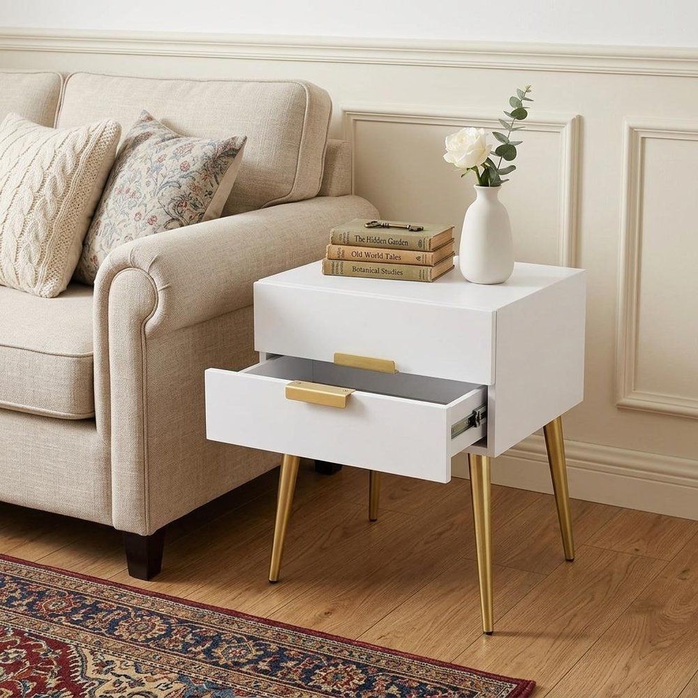 24" Black And Gold Wood And Iron End Table With Two Drawers HomeRoots