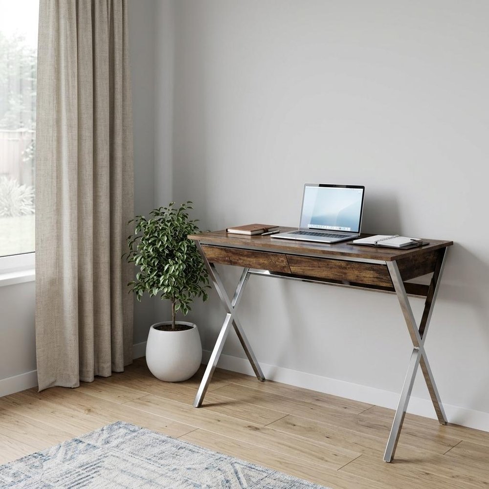 36" Brown and Silver Writing Desk With Two Drawers HomeRoots