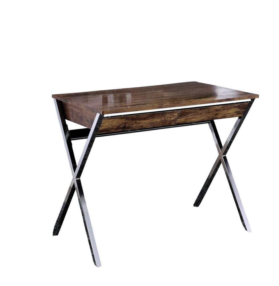 36" Brown and Silver Writing Desk With Two Drawers HomeRoots