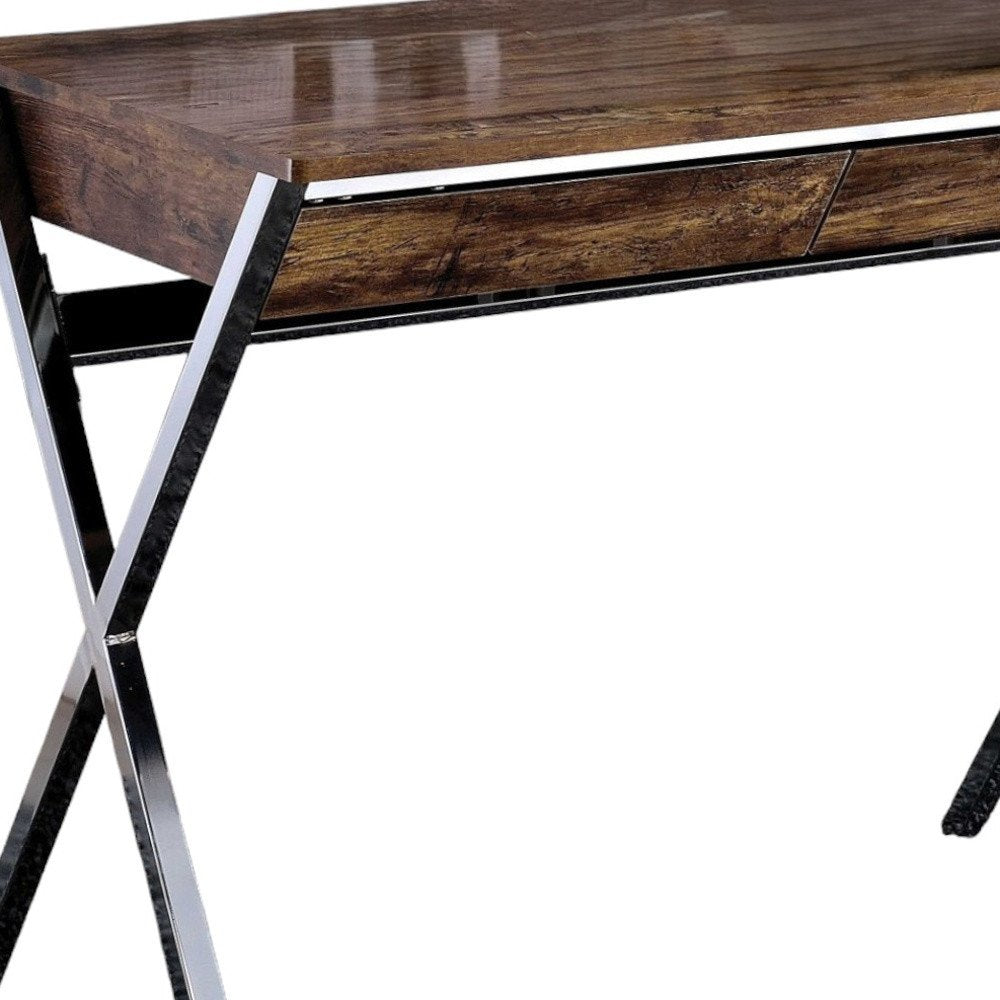 36" Brown and Silver Writing Desk With Two Drawers HomeRoots