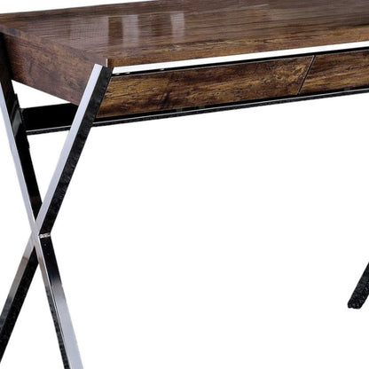 36" Brown and Silver Writing Desk With Two Drawers HomeRoots