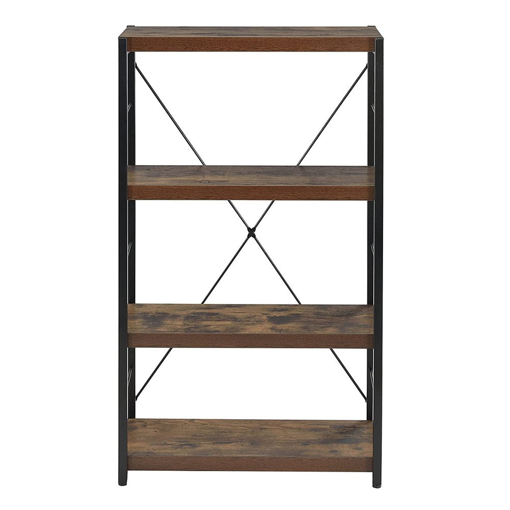 43" Black And Brown Distressed Metal and Wood Three Tier Etagere Bookcase — view 2