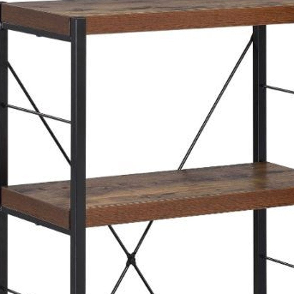 43" Black And Brown Distressed Metal and Wood Three Tier Etagere Bookcase — view 4