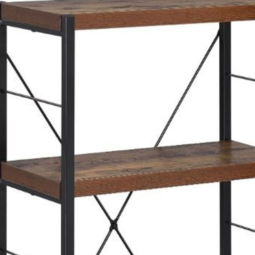 43" Black And Brown Distressed Metal and Wood Three Tier Etagere Bookcase — view 4