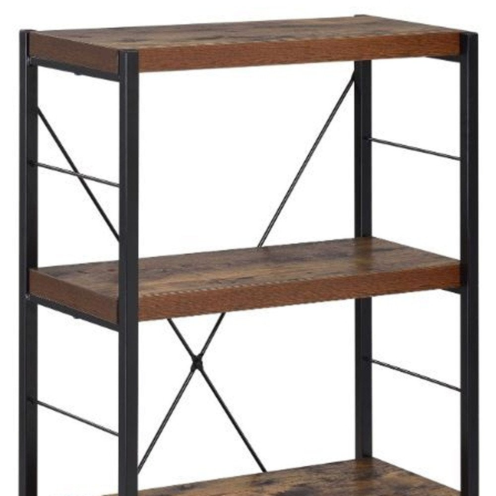 43" Black And Brown Distressed Metal and Wood Three Tier Etagere Bookcase — view 5