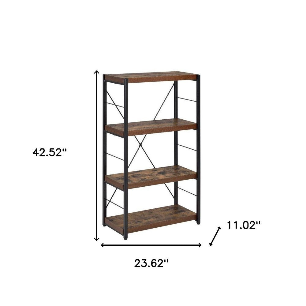 43" Black And Brown Distressed Metal and Wood Three Tier Etagere Bookcase — view 6