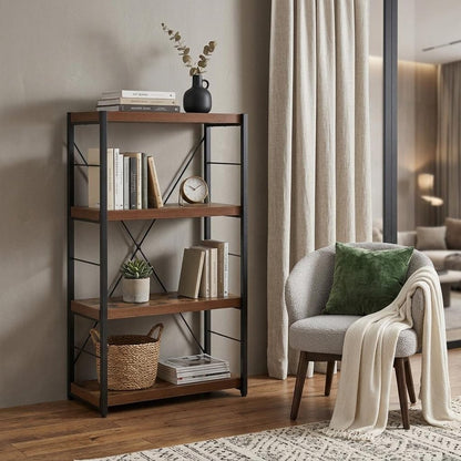 43" Black And Brown Distressed Metal and Wood Three Tier Etagere Bookcase HomeRoots