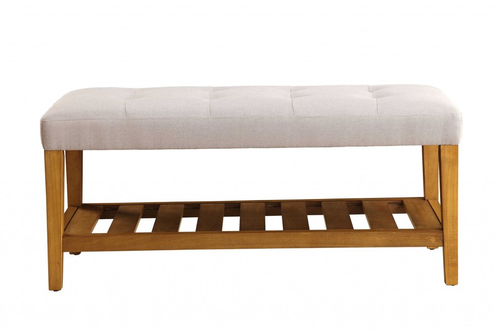 40" Light Gray and Brown Upholstered Polyester Bench with Shelves HomeRoots