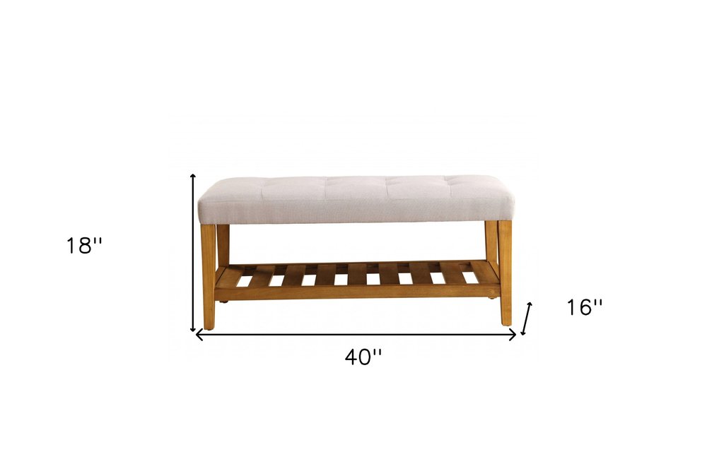 40" Beige and Brown Upholstered Polyester Bench with Shelves HomeRoots