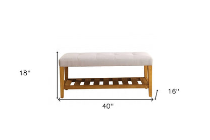 40" Beige and Brown Upholstered Polyester Bench with Shelves HomeRoots