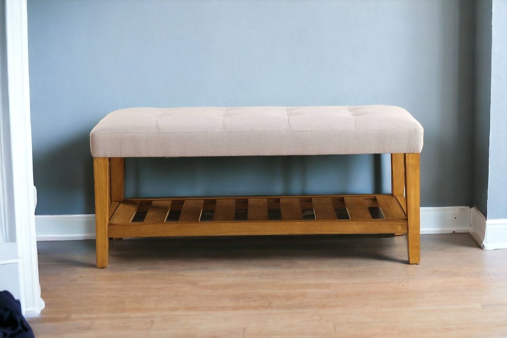 40" Beige and Brown Upholstered Polyester Bench with Shelves HomeRoots