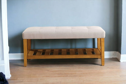 40" Beige and Brown Upholstered Polyester Bench with Shelves HomeRoots