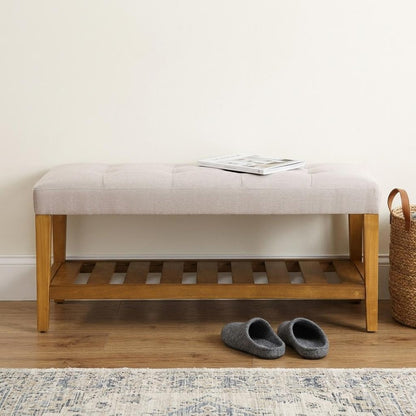 40" Light Gray and Brown Upholstered Polyester Bench with Shelves HomeRoots