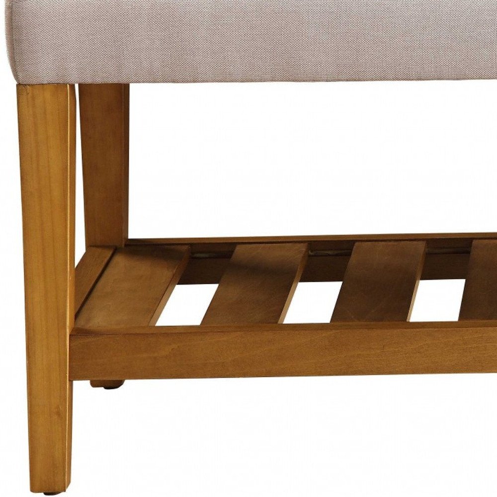 40" Beige and Brown Upholstered Polyester Bench with Shelves HomeRoots