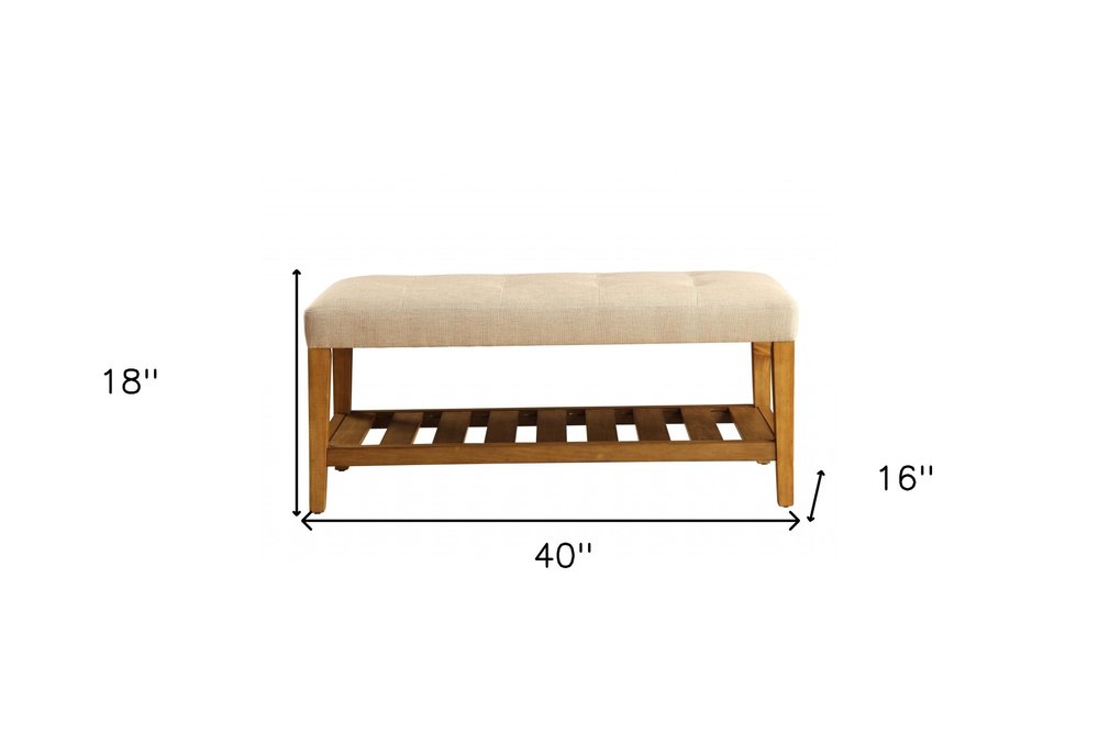 40" Beige and Brown Upholstered Polyester Bench with Shelves HomeRoots