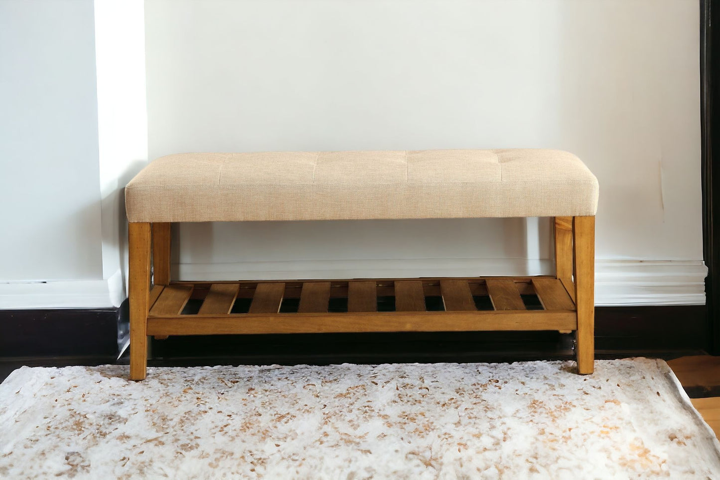 40" Light Gray and Brown Upholstered Polyester Bench with Shelves