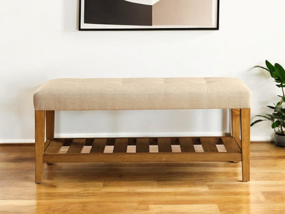 40" Light Gray and Brown Upholstered Polyester Bench with Shelves HomeRoots