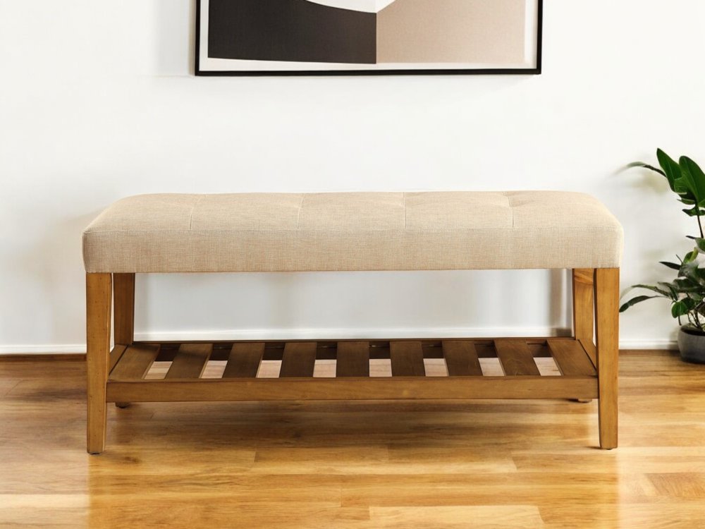 40" Beige and Brown Upholstered Polyester Bench with Shelves HomeRoots