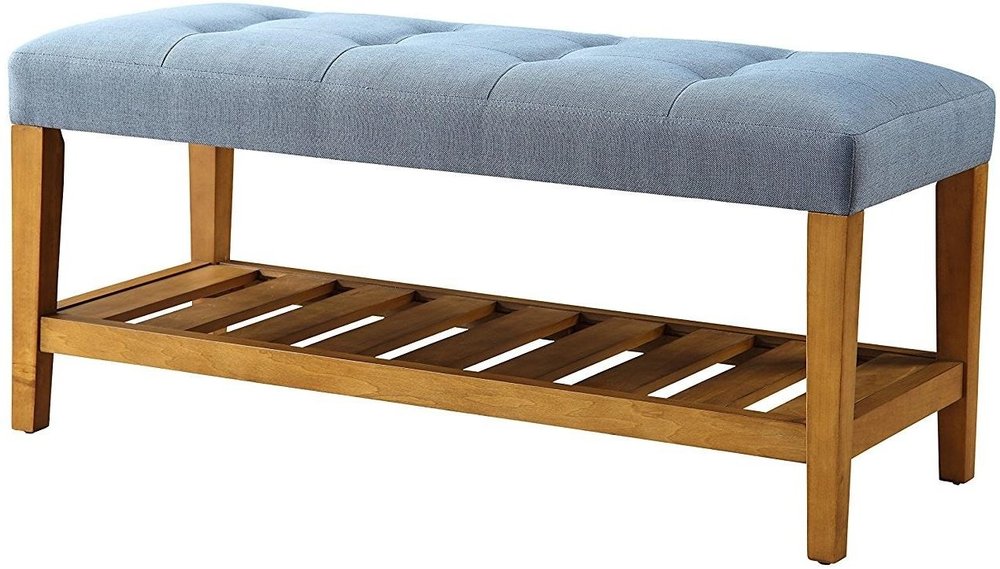 40" Light Gray and Brown Upholstered Polyester Bench with Shelves HomeRoots