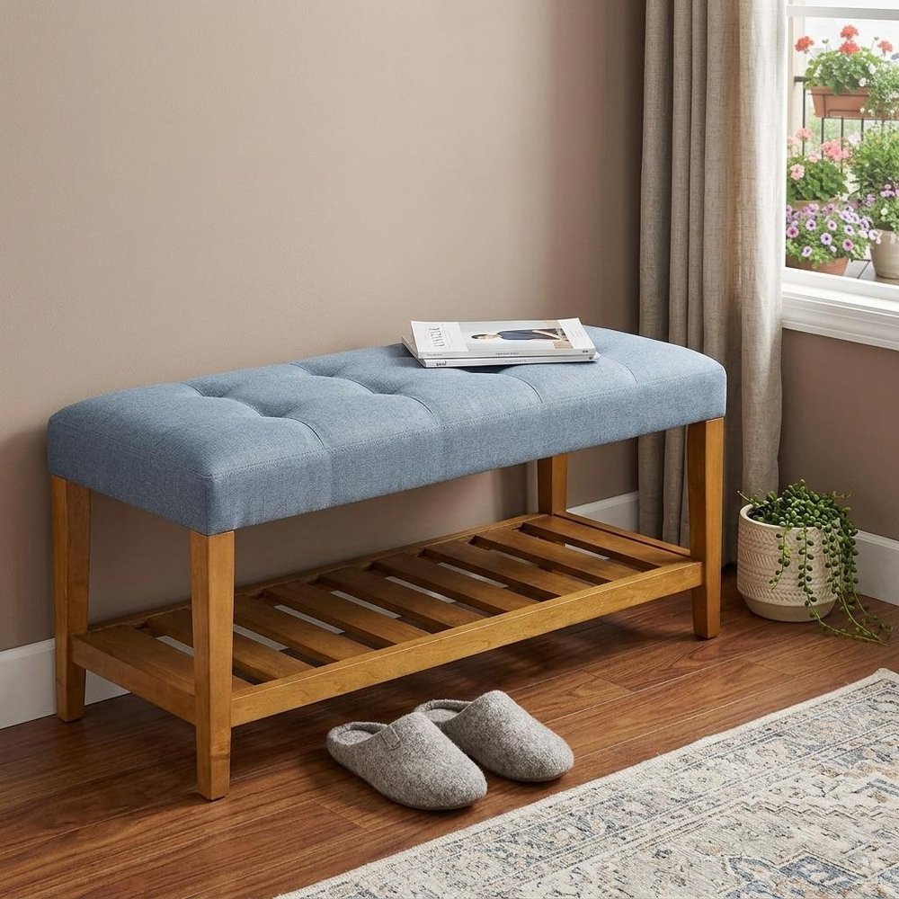 40" Light Gray and Brown Upholstered Polyester Bench with Shelves HomeRoots