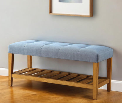 40" Light Gray and Brown Upholstered Polyester Bench with Shelves