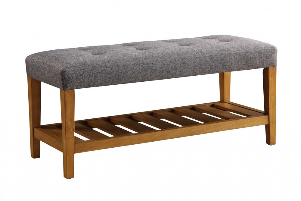 40" Light Gray and Brown Upholstered Polyester Bench with Shelves HomeRoots