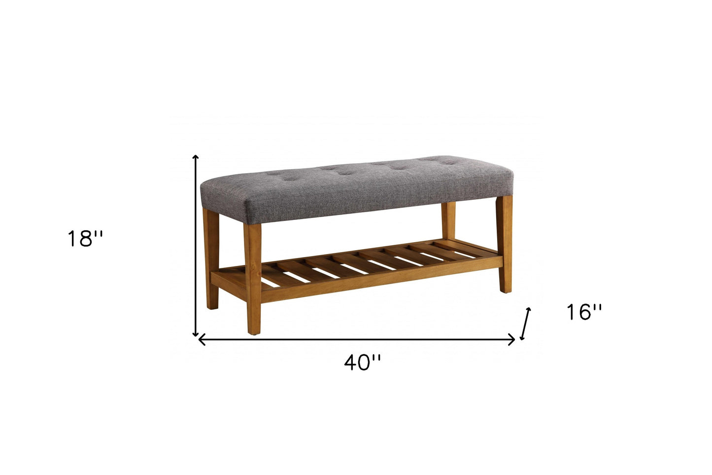 40" Light Gray and Brown Upholstered Polyester Bench with Shelves