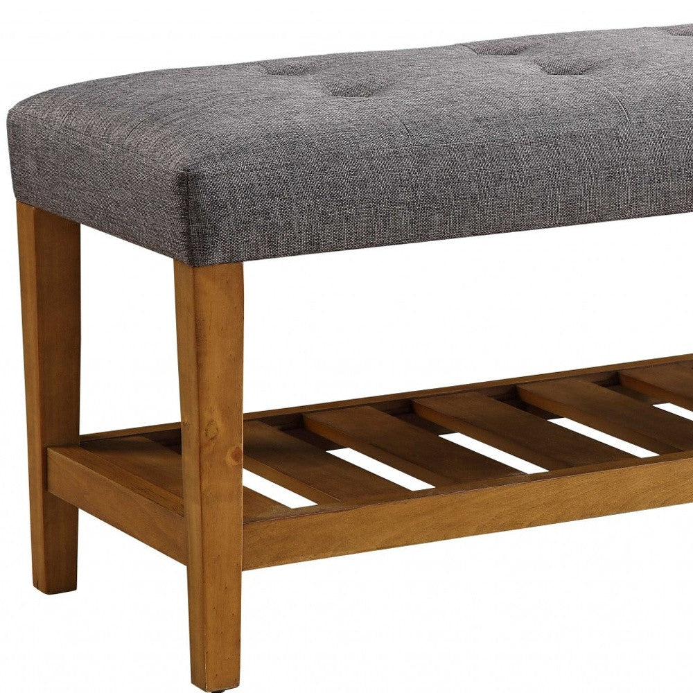 40" Light Gray and Brown Upholstered Polyester Bench with Shelves