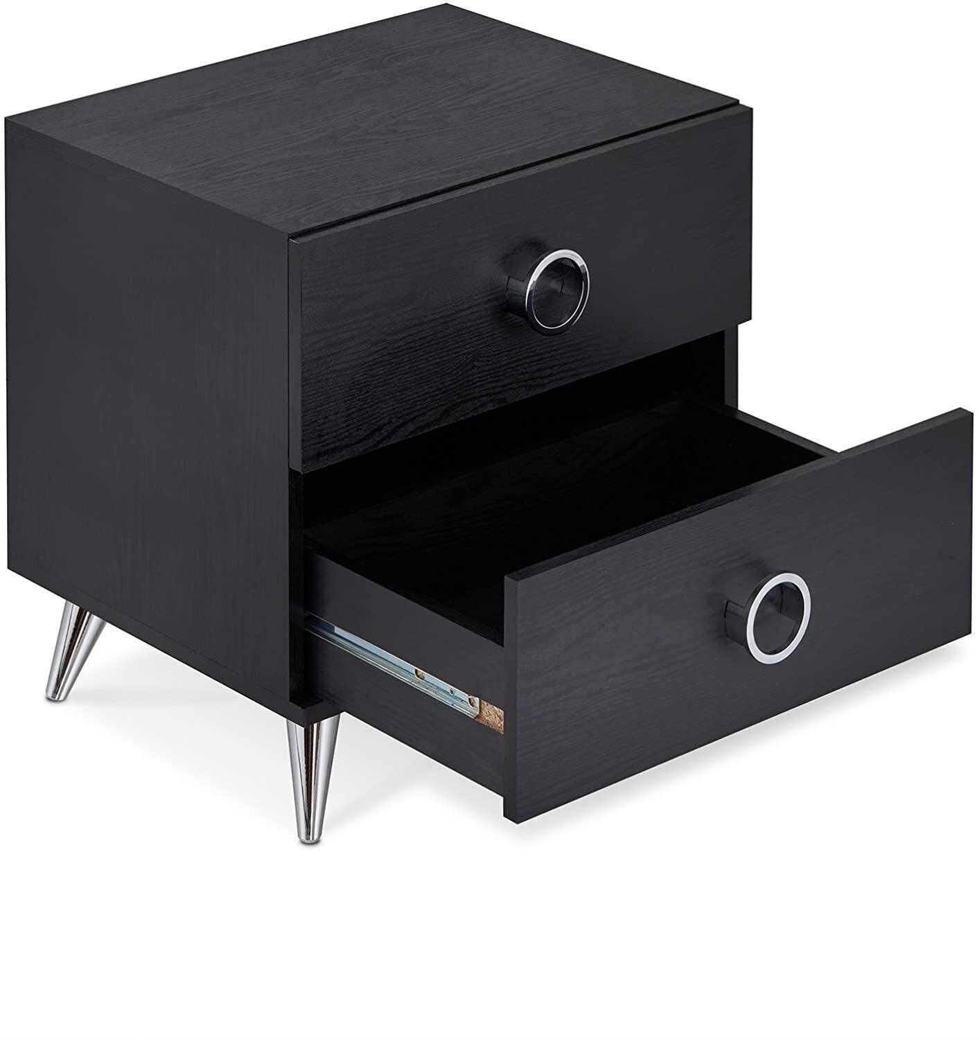 20" Black Two Drawers Chrome Nightstand - FurniFindUSA