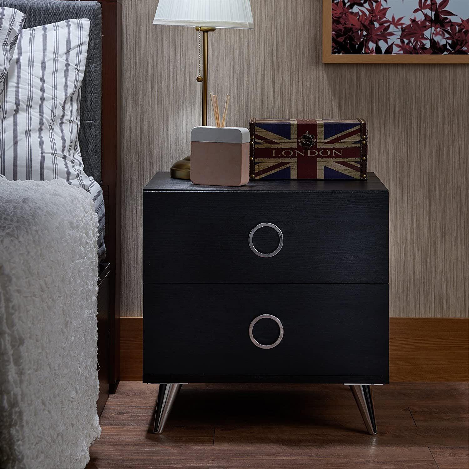 20" Black Two Drawers Chrome Nightstand - FurniFindUSA