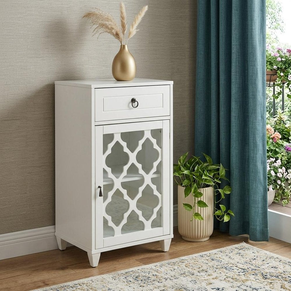 17" White Fret Work Design Glass Door Accent Cabinet HomeRoots