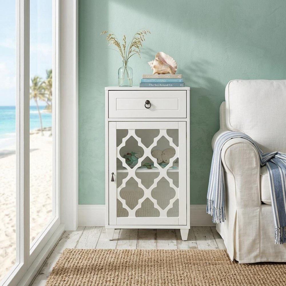 17" White Fret Work Design Glass Door Accent Cabinet HomeRoots