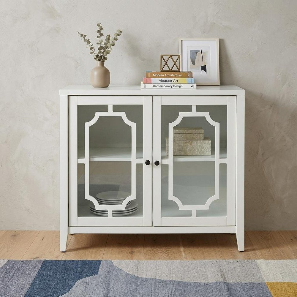 34" White Sideboard with Two Glass Doors HomeRoots