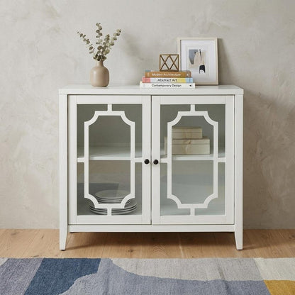 34" White Sideboard with Two Glass Doors HomeRoots