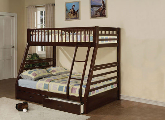 79" X 56" X 65" Epresso Pine Wood Twin Over Full Bunk Bed - FurniFindUSA