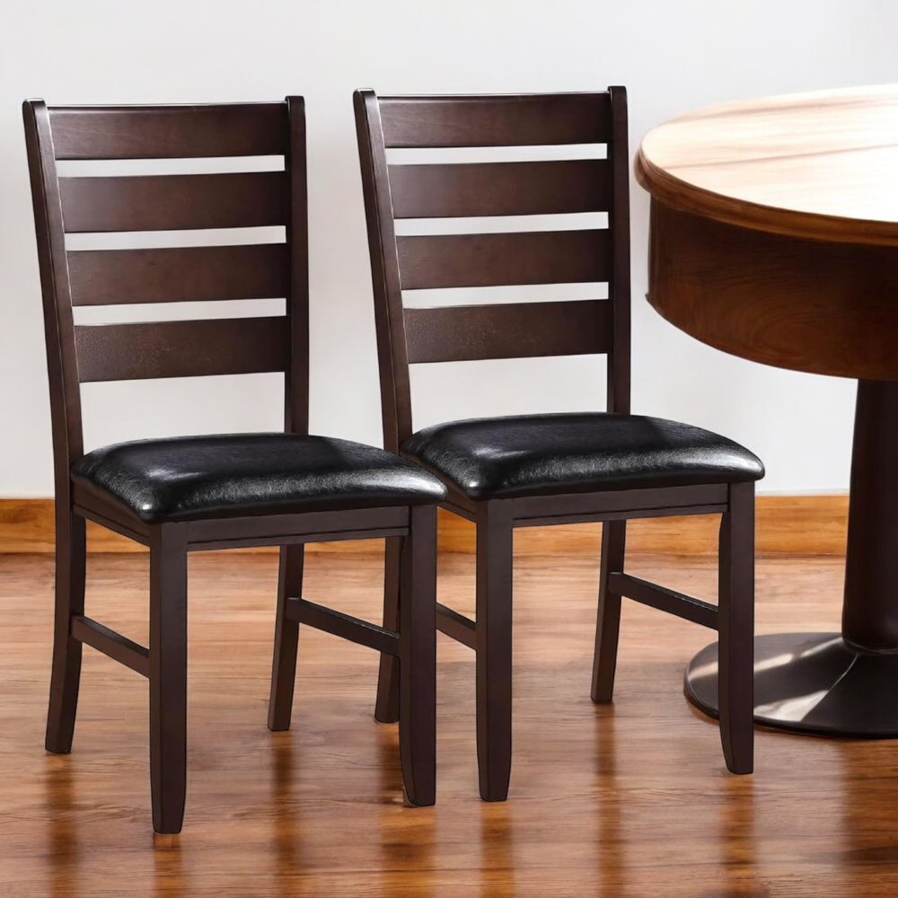Set of Two Black And Brown Faux Leather Wood Slat Back Dining Side Chairs HomeRoots