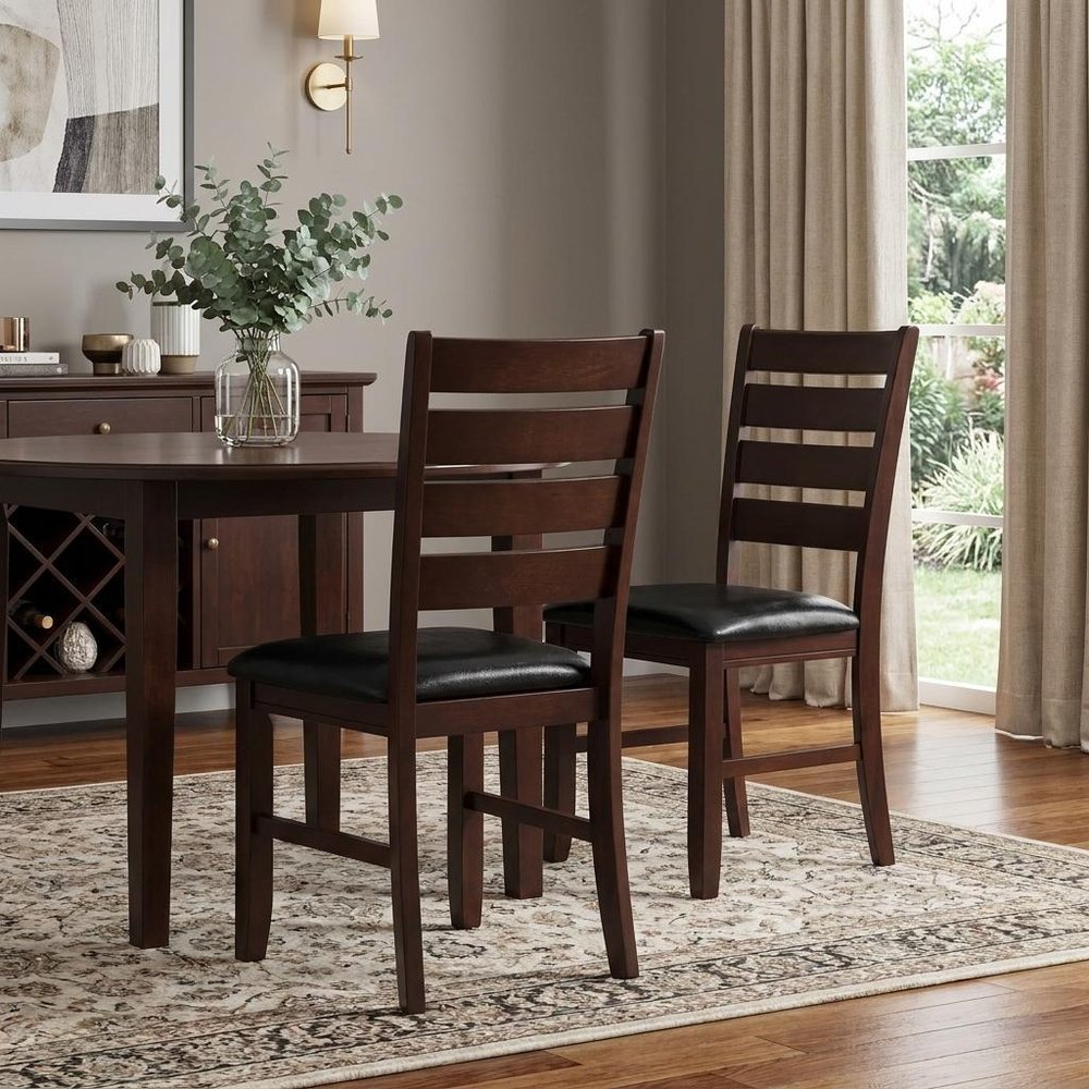 Set of Two Black And Brown Faux Leather Wood Slat Back Dining Side Chairs HomeRoots