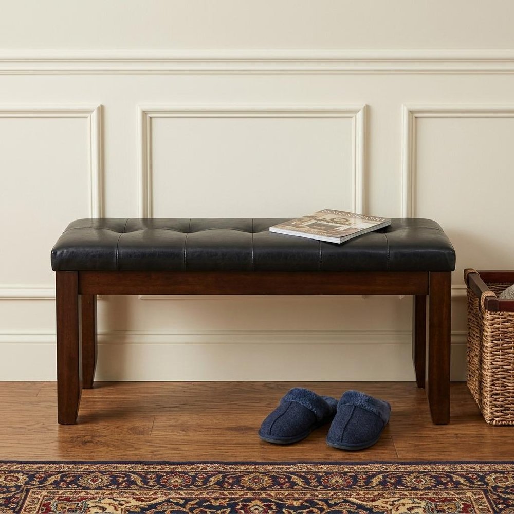 48" Black and Espresso Faux Leather and Wood Upholstered Bench HomeRoots