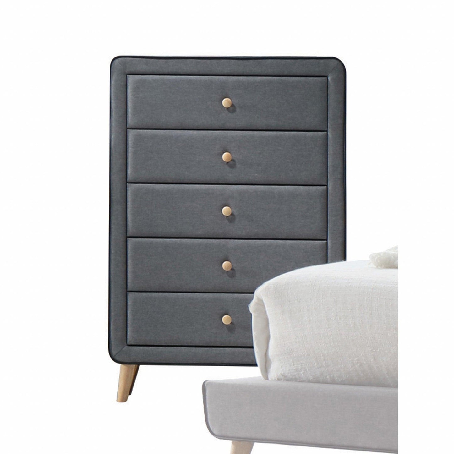 46" Light Gray Upholstery 5 Drawer Chest Dresser With Light Natural Legs - FurniFindUSA