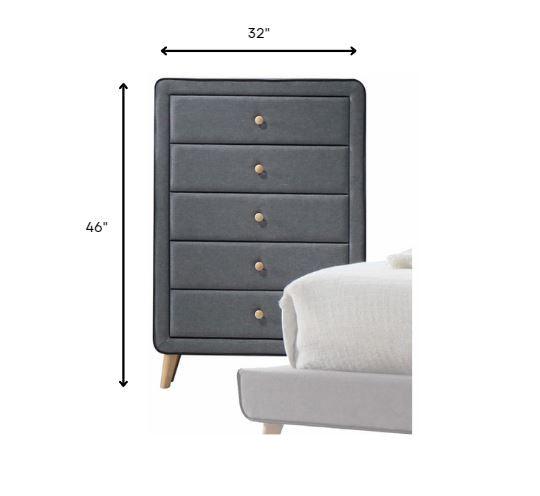 46" Light Gray Upholstery 5 Drawer Chest Dresser With Light Natural Legs - FurniFindUSA