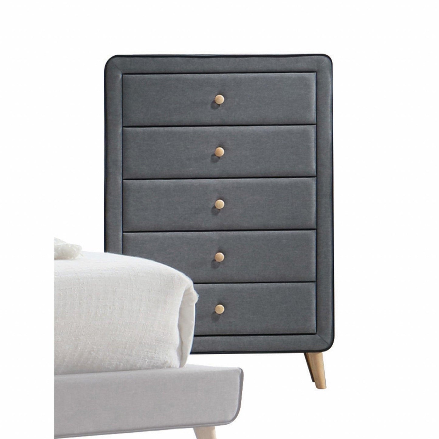 46" Light Gray Upholstery 5 Drawer Chest Dresser With Light Natural Legs - FurniFindUSA