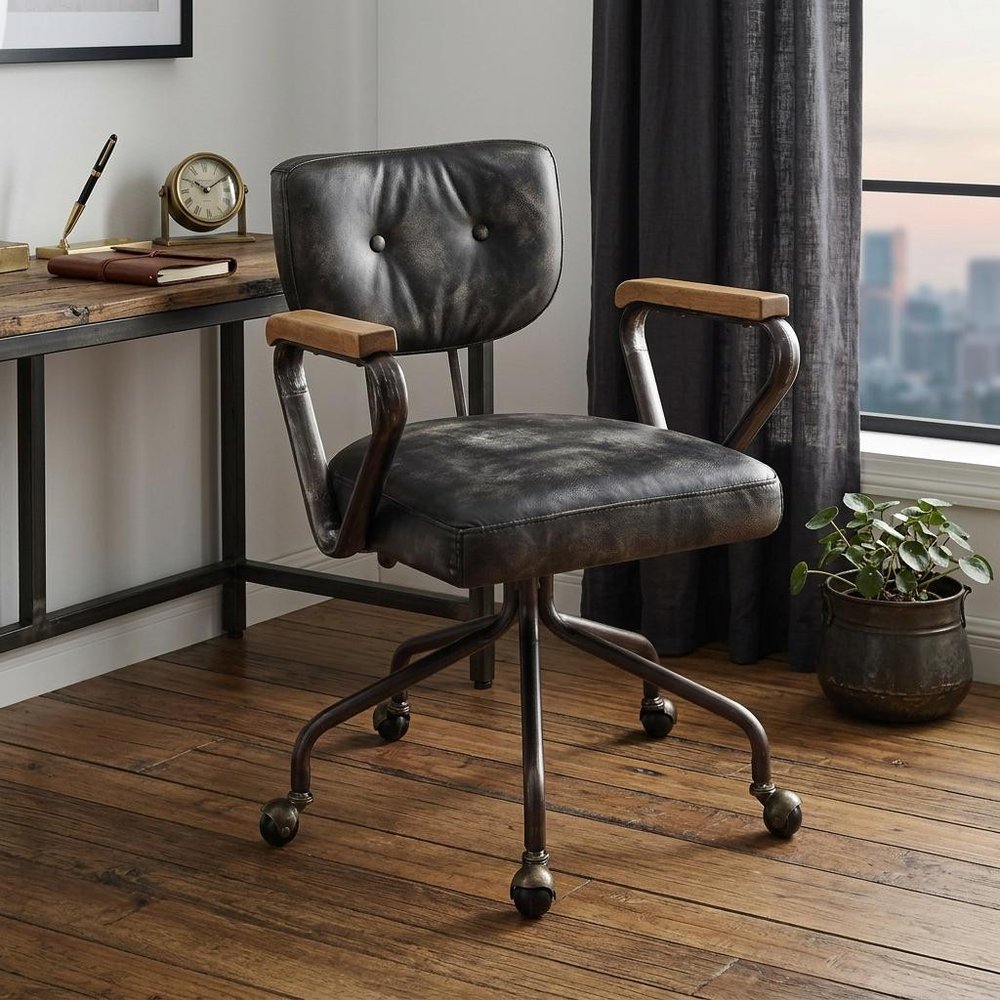 Black and Dark Brown Adjustable Swivel Leather Rolling Executive Office Chair HomeRoots