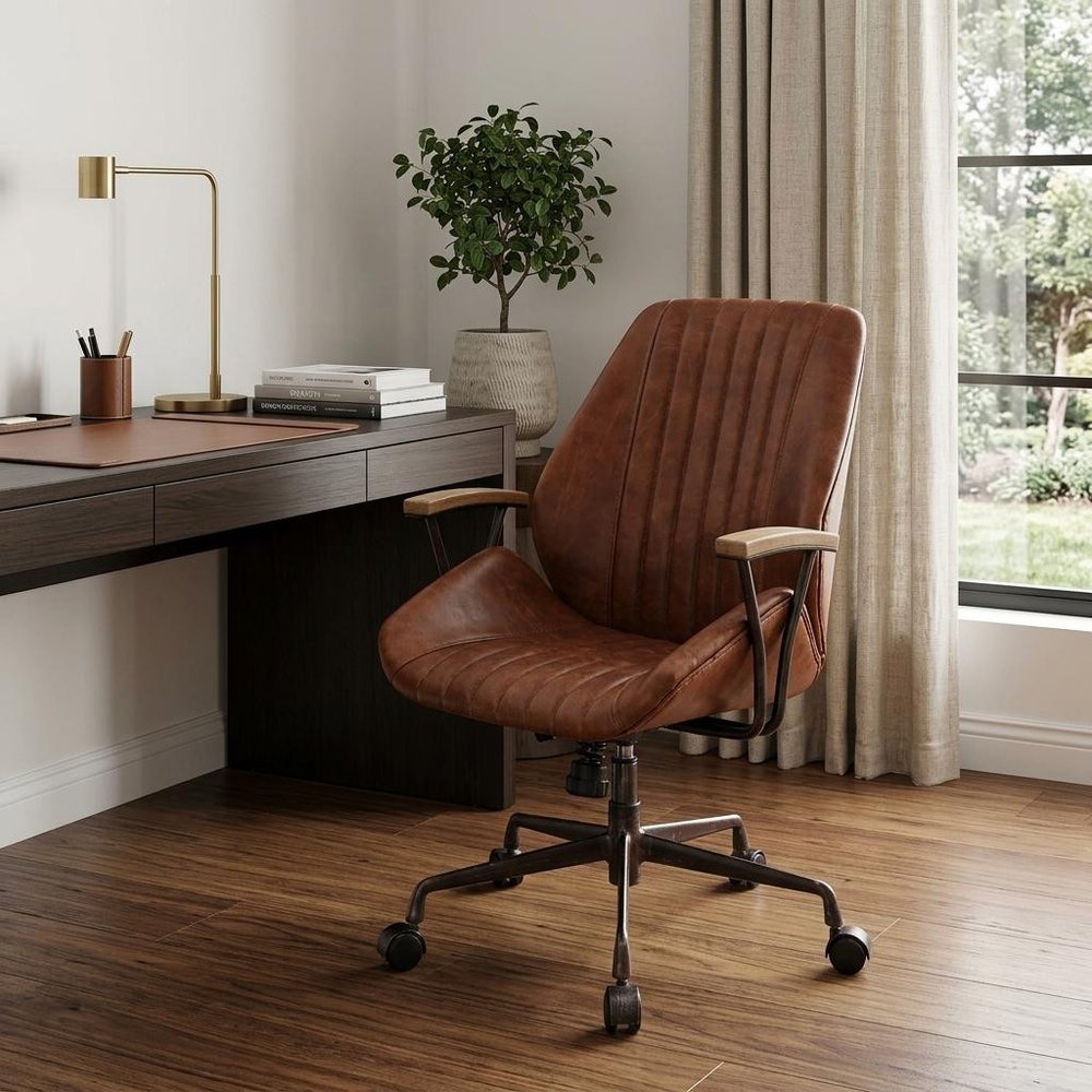 Black and Dark Brown Adjustable Swivel Leather Rolling Executive Office Chair HomeRoots