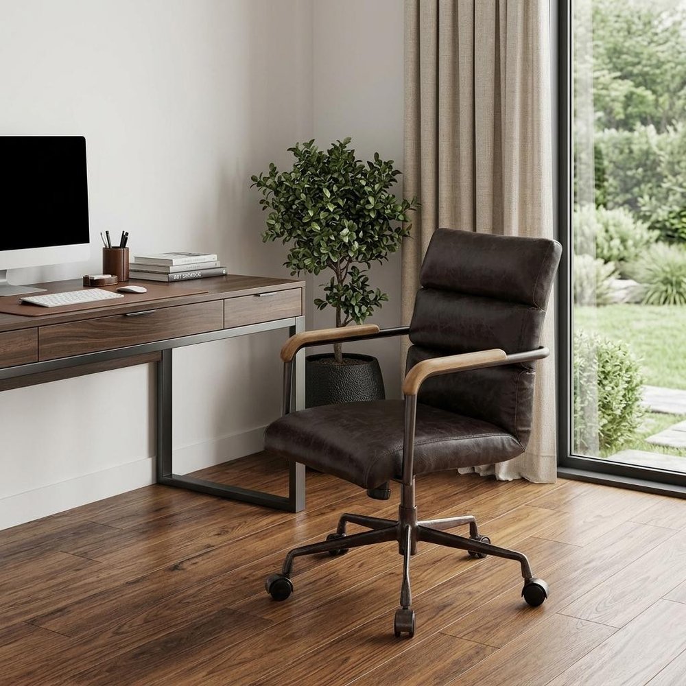 Black and Dark Brown Adjustable Swivel Leather Rolling Executive Office Chair HomeRoots