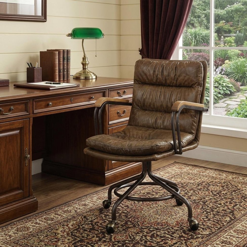 Navy Blue and Dark Brown Swivel Rolling Executive Office Chair HomeRoots
