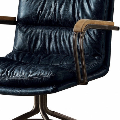 Navy Blue and Dark Brown Adjustable Swivel Leather Rolling Executive Office Chair HomeRoots