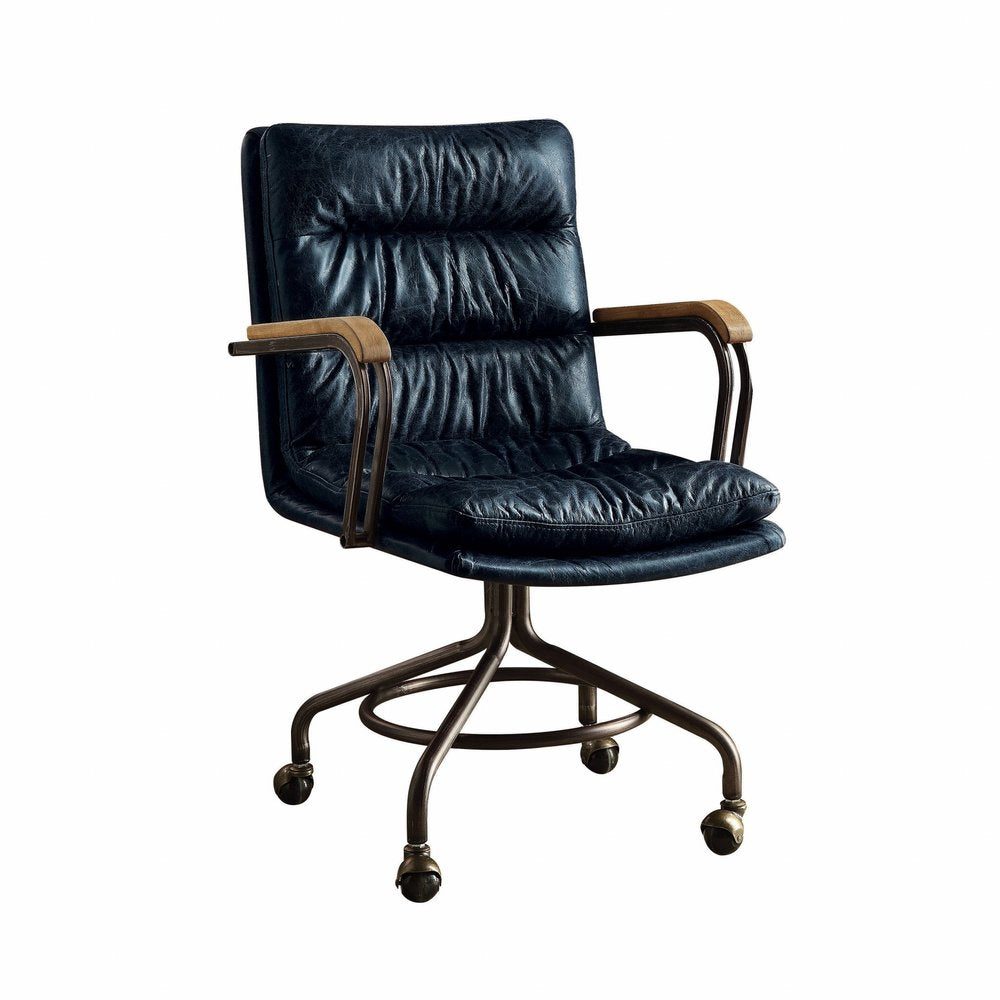 Navy Blue and Dark Brown Adjustable Swivel Leather Rolling Executive Office Chair HomeRoots